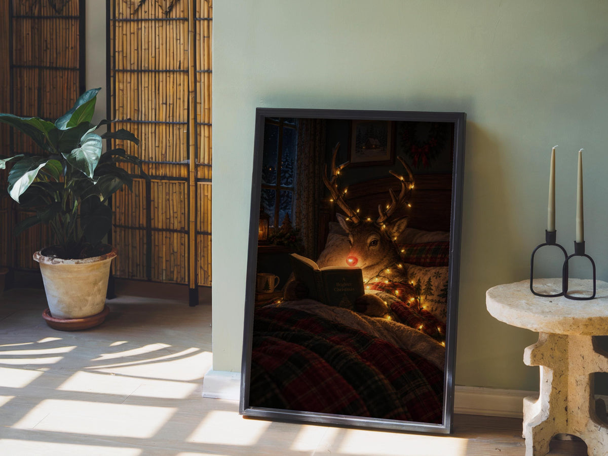 Rudolph Christmas wall art leaning by a sunlit plant, vintage reindeer art vibe, warm glow.