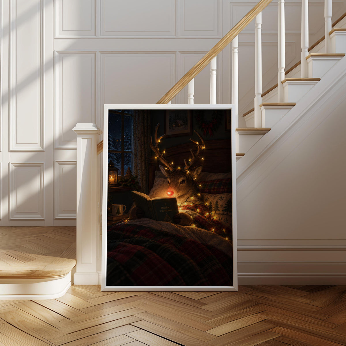 Rudolph Christmas wall art braced against a stair riser, cozy bedroom wall art, glowing fairy lights.