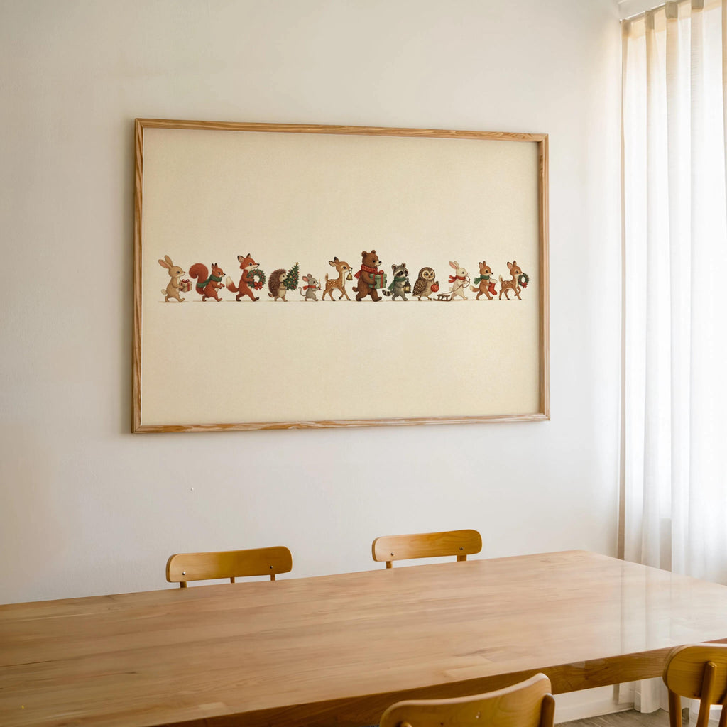 Dining wall with large framed Christmas woodland animals print above table, vintage Christmas wall art ambiance