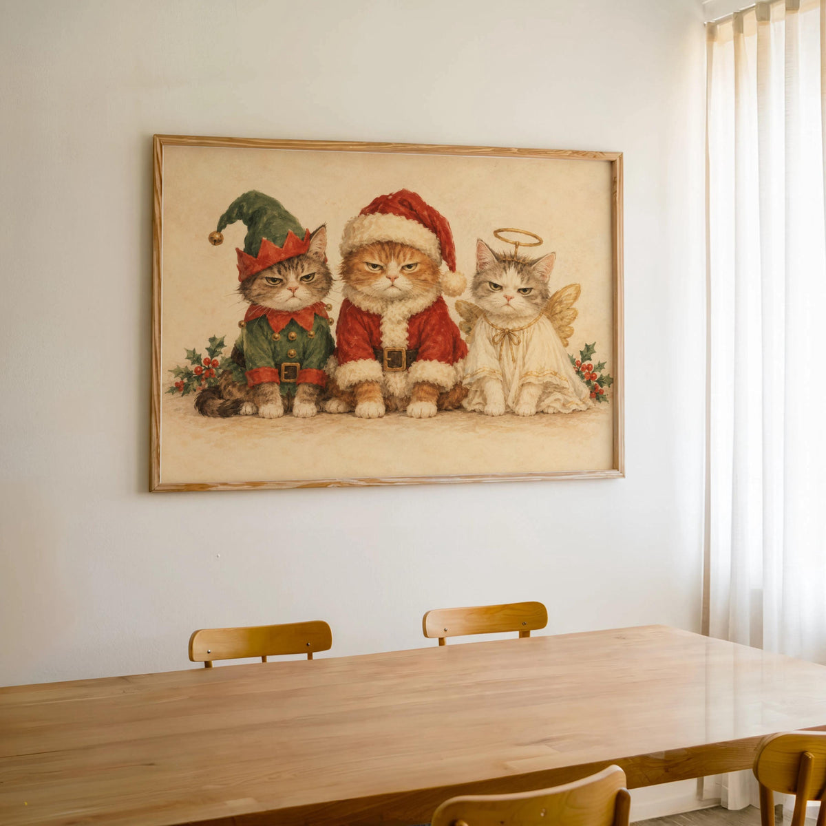 Christmas Cat Print, Funny Grumpy Cats in Santa Elf & Angel Costumes, Vintage Holiday Wall Art, Whimsical Feline Decor, Cat Lover Gift