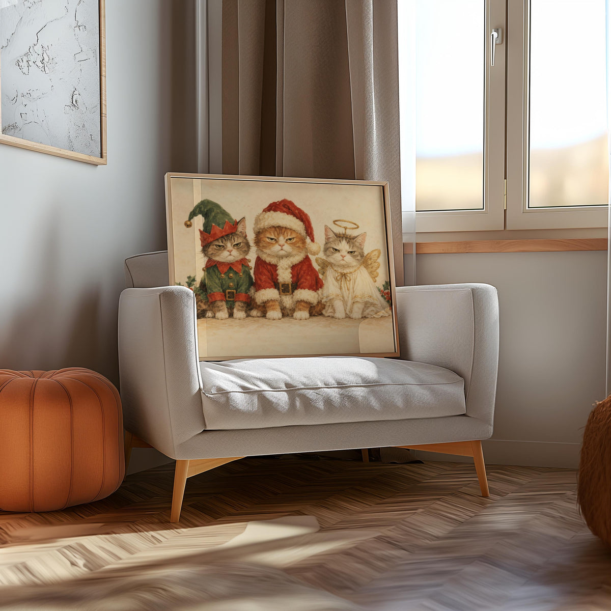 Christmas Cat Print, Funny Grumpy Cats in Santa Elf & Angel Costumes, Vintage Holiday Wall Art, Whimsical Feline Decor, Cat Lover Gift
