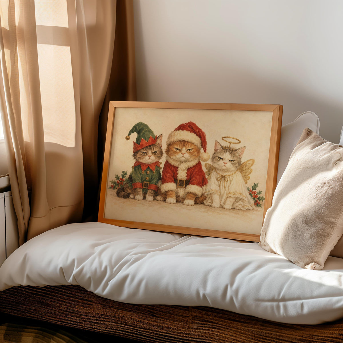 Christmas Cat Print, Funny Grumpy Cats in Santa Elf & Angel Costumes, Vintage Holiday Wall Art, Whimsical Feline Decor, Cat Lover Gift