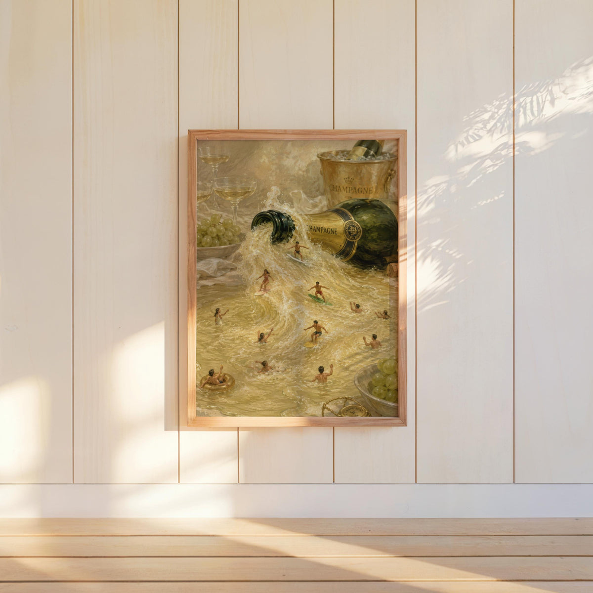 Champagne Surfing Print, Tiny People New Year Holiday Poster, Surreal Coastal Wall Art, Ocean Beach House Decor, Luxury Party Gift