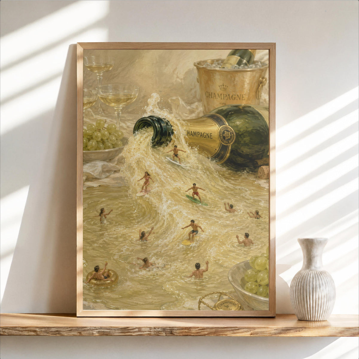 Champagne Surfing Print, Tiny People New Year Holiday Poster, Surreal Coastal Wall Art, Ocean Beach House Decor, Luxury Party Gift