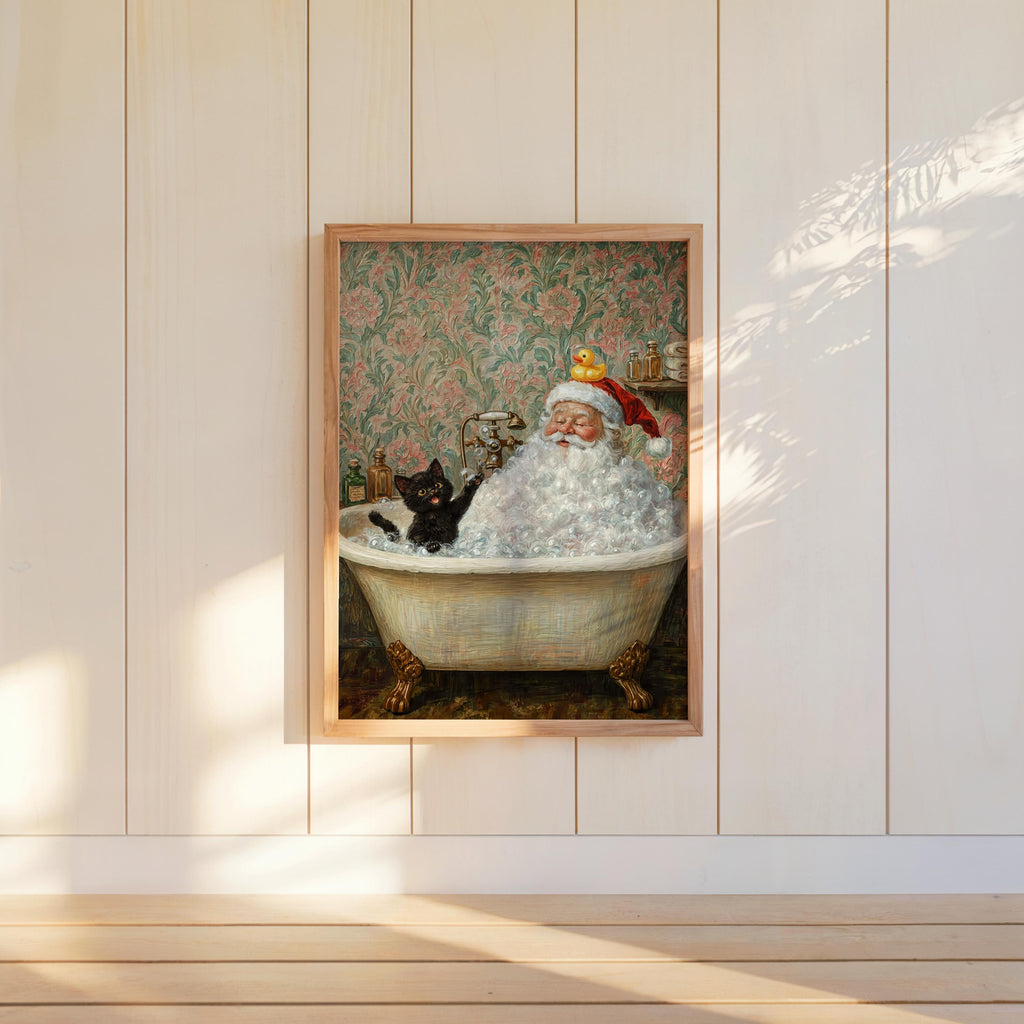 Santa & Cat in Bath Print, Funny Christmas Bathroom Wall Art, Vintage Holiday Poster, Whimsical Father Claus Toilet Decor, Festive Cat Gift