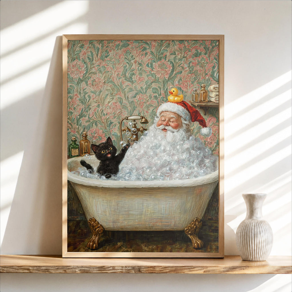 Santa & Cat in Bath Print, Funny Christmas Bathroom Wall Art, Vintage Holiday Poster, Whimsical Father Claus Toilet Decor, Festive Cat Gift