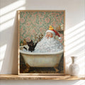 Santa & Cat in Bath Print, Funny Christmas Bathroom Wall Art, Vintage Holiday Poster, Whimsical Father Claus Toilet Decor, Festive Cat Gift