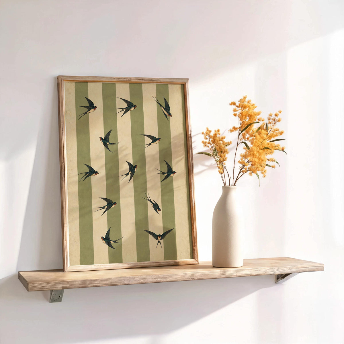 Vintage Swallow Bird Print, Retro Stripez Poster, Green Striped Wall Art, Ornithology Decor, Cottagecore Nature Gift