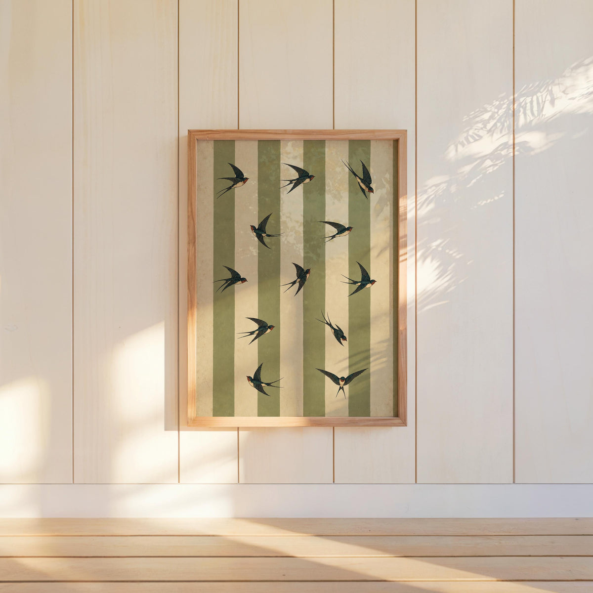 Vintage Swallow Bird Print, Retro Stripez Poster, Green Striped Wall Art, Ornithology Decor, Cottagecore Nature Gift