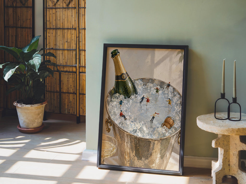 Champagne Ice Skating Wall Art, Tiny People Painting, Winter Bar Cart Decor, Whimsical Holiday Poster Gift, Surreal Bar Print
