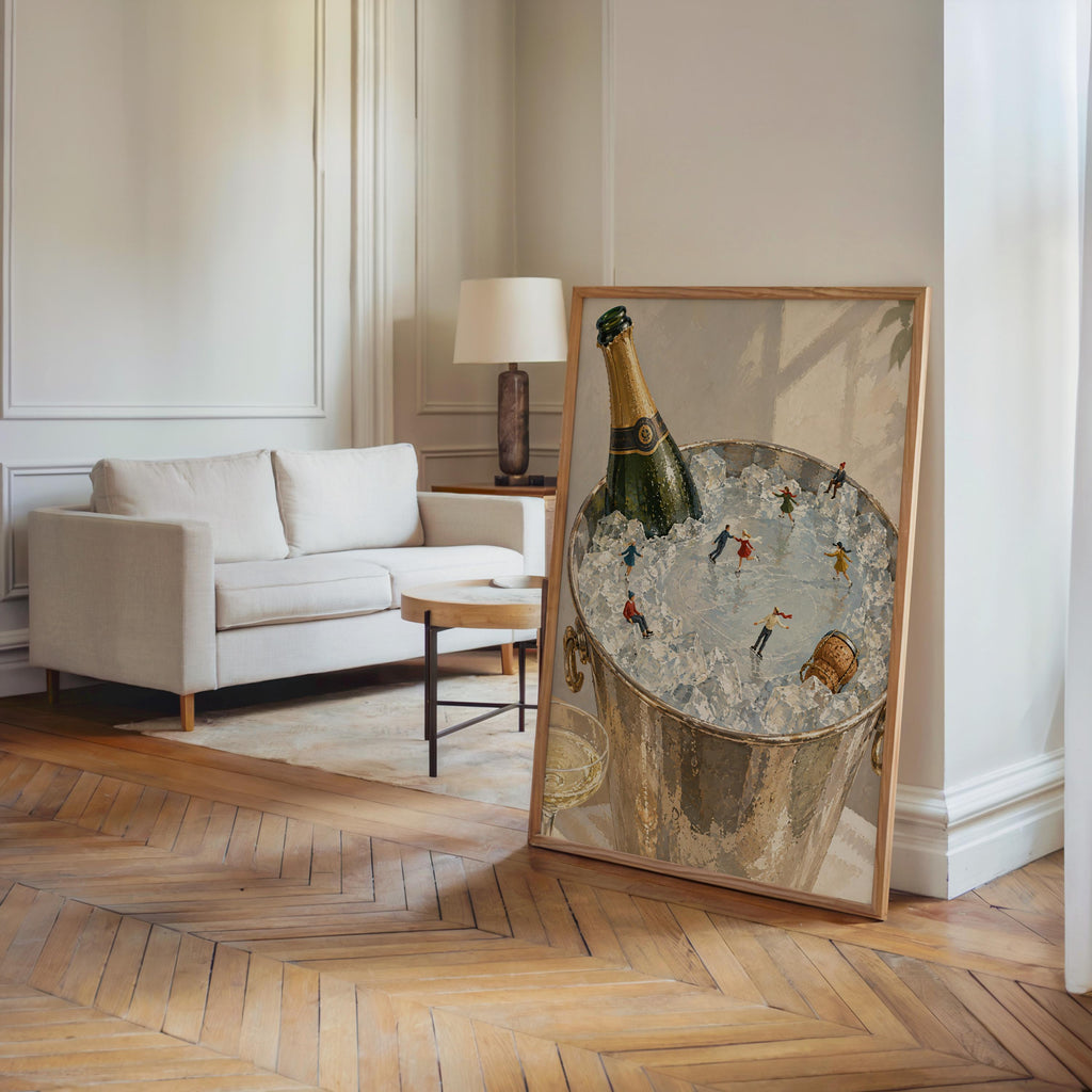 Champagne Ice Skating Wall Art, Tiny People Painting, Winter Bar Cart Decor, Whimsical Holiday Poster Gift, Surreal Bar Print