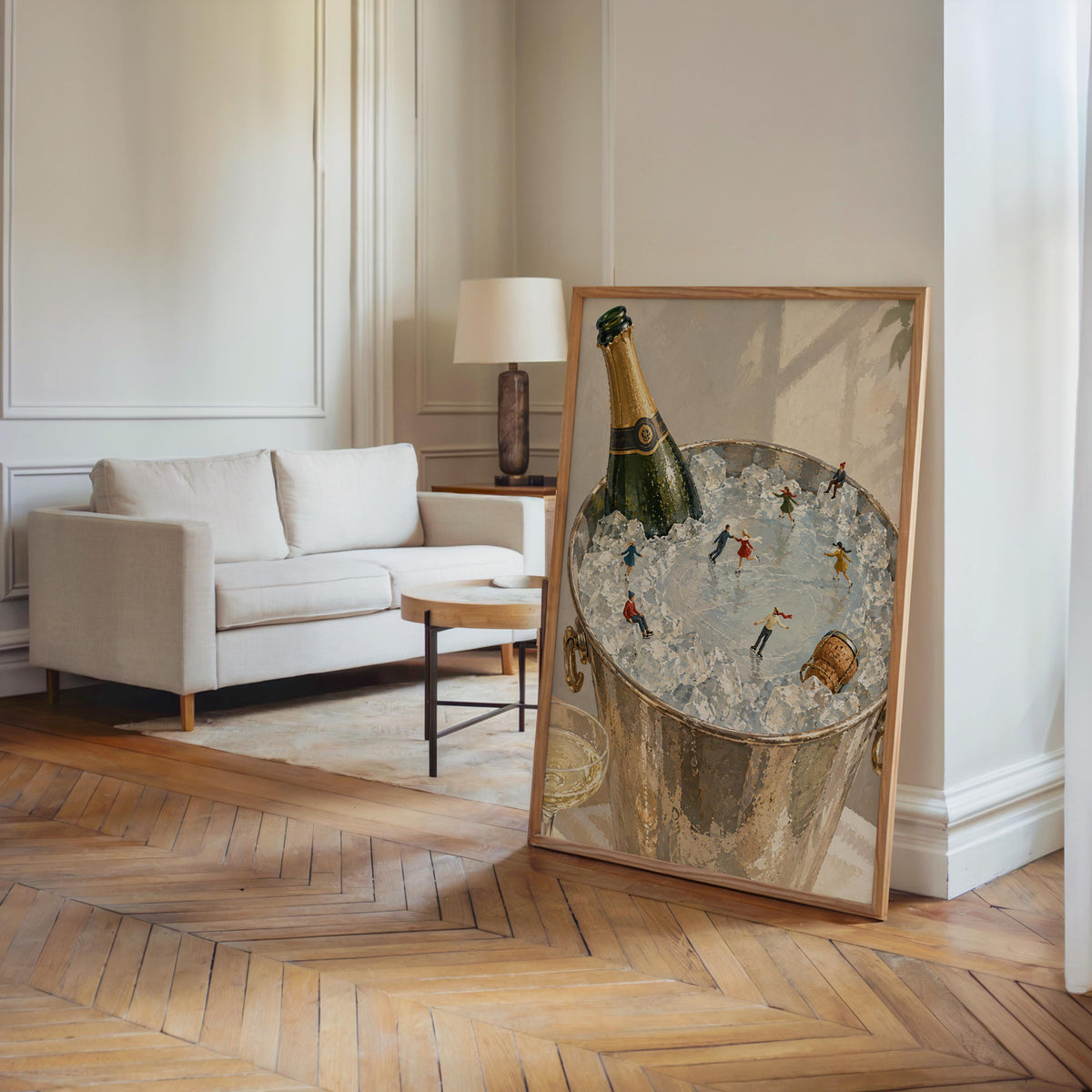 Champagne Ice Skating Wall Art, Tiny People Painting, Winter Bar Cart Decor, Whimsical Holiday Poster Gift, Surreal Bar Print