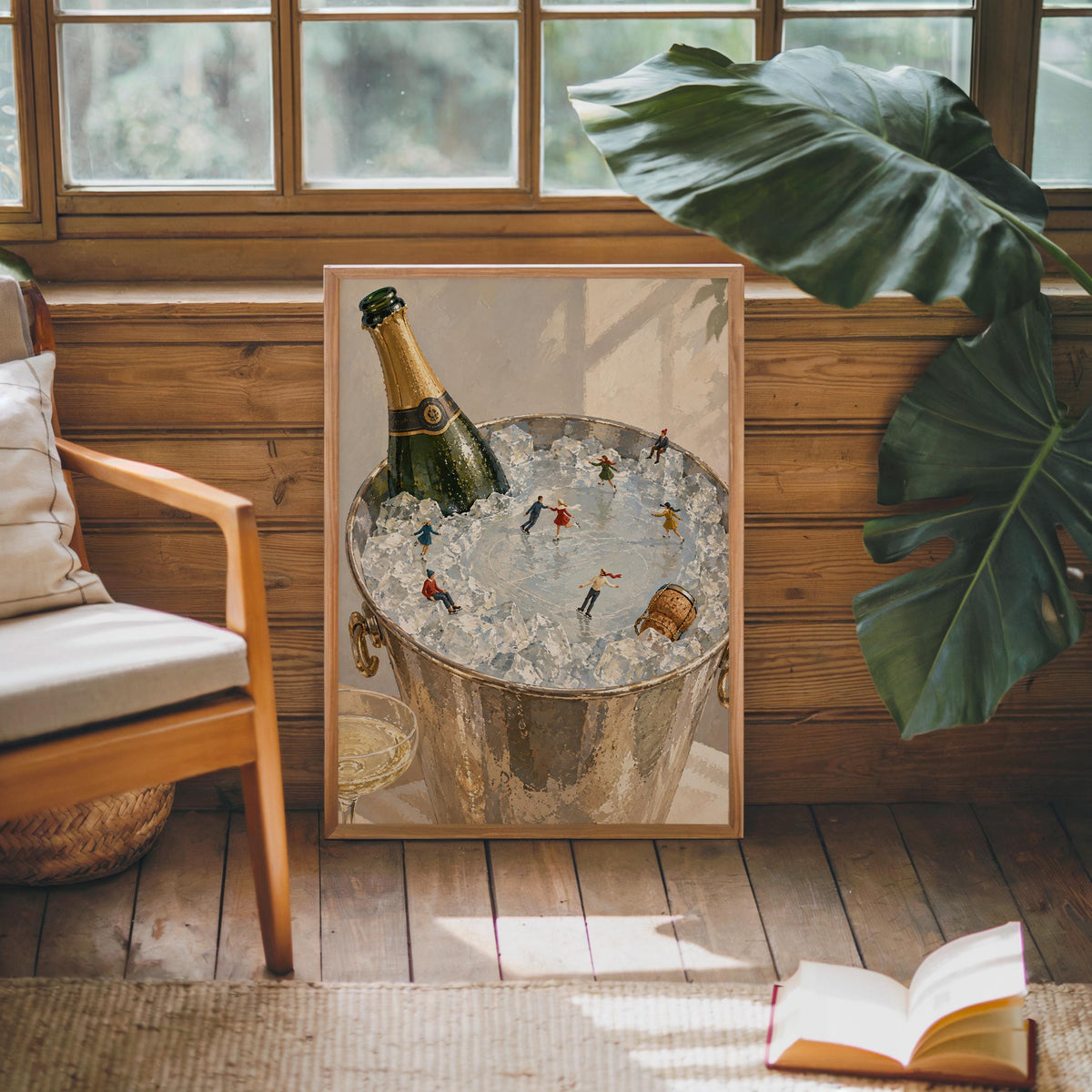 Champagne Ice Skating Wall Art, Tiny People Painting, Winter Bar Cart Decor, Whimsical Holiday Poster Gift, Surreal Bar Print
