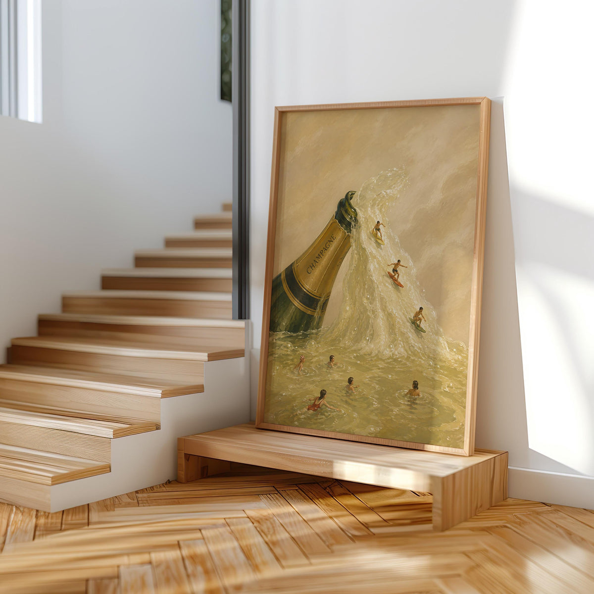 Champagne bottle wall art stacked on steps, natural light, painterly cream and gold tones, tiny people surfing