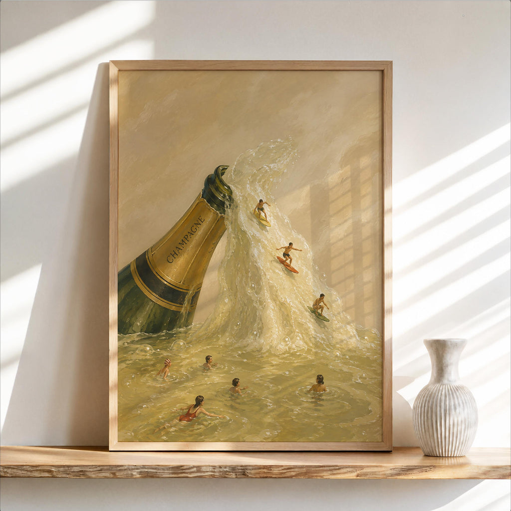 Framed champagne bottle wall art leaning on sunlit shelf, warm champagne and muted gold painterly tones