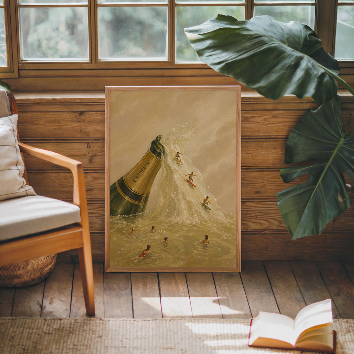 Framed champagne bottle wall art resting on floor by plant, rustic wood bench, whimsical surreal detail visible