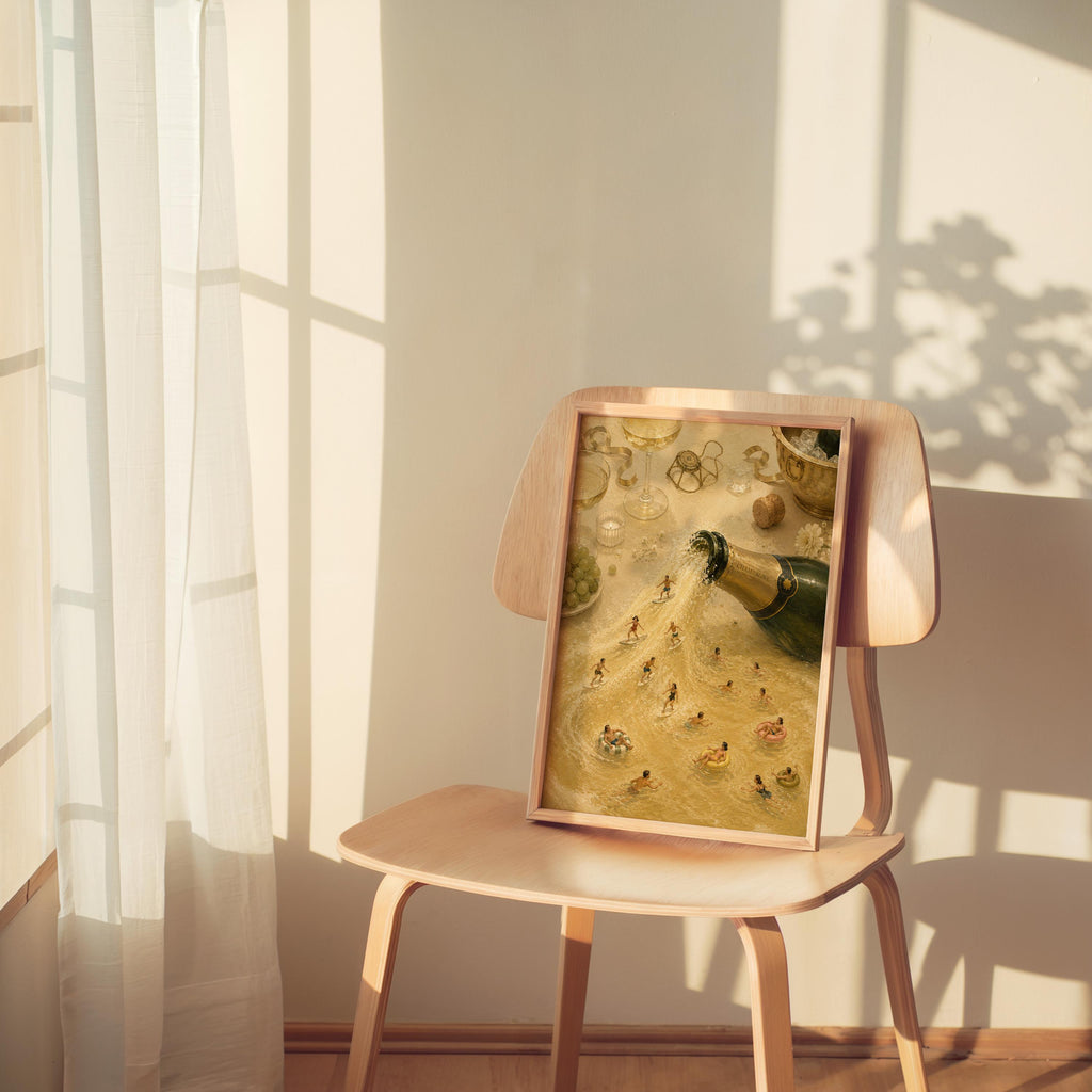Champagne pool wall art set on a pink chair, soft sunlight highlights miniature swimmers and rings
