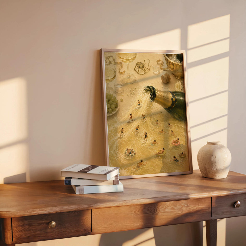 Sunlit wood console with vertical champagne bottle print, books and rustic decor, miniature world art