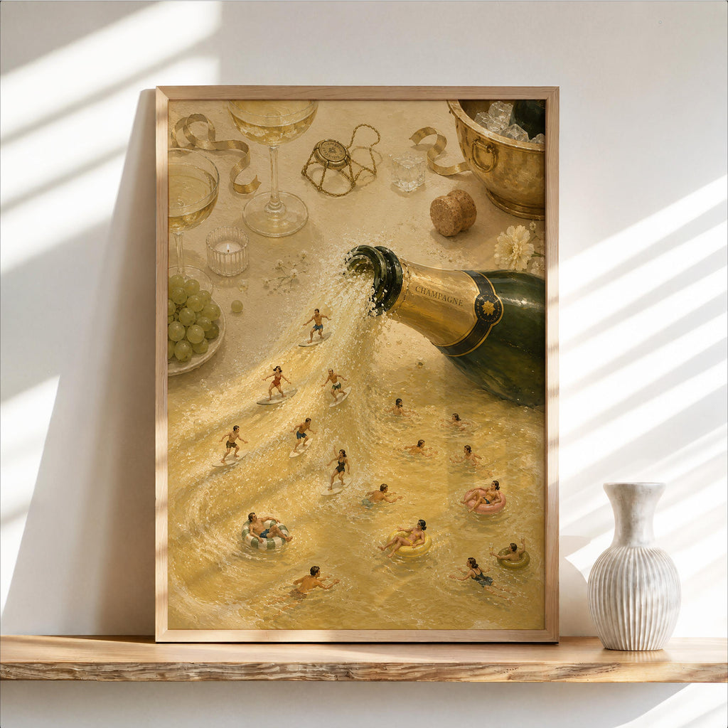 Framed champagne wall art leaning on a shelf, golden champagne sea, tiny swimmers visible