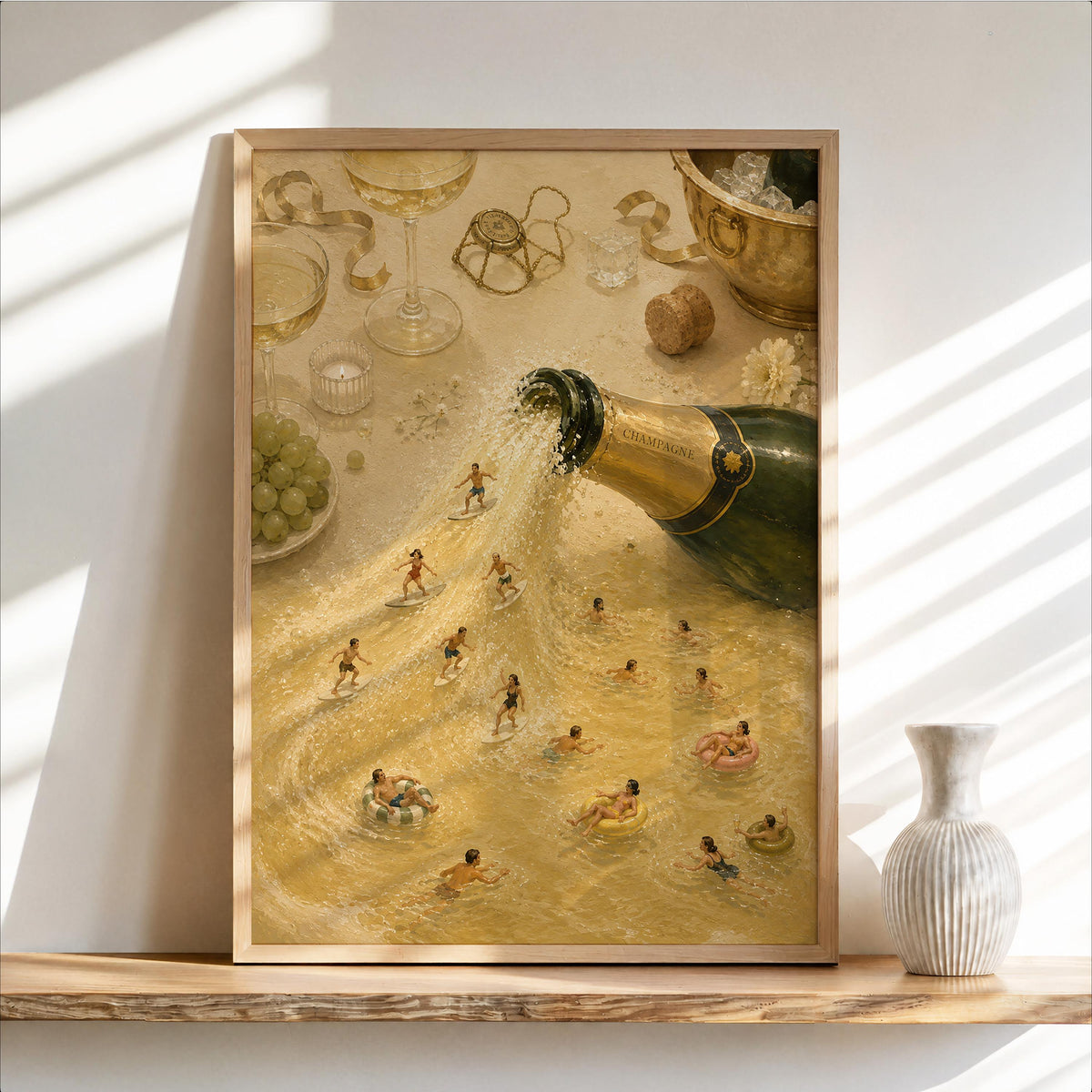 Framed champagne wall art leaning on a shelf, golden champagne sea, tiny swimmers visible