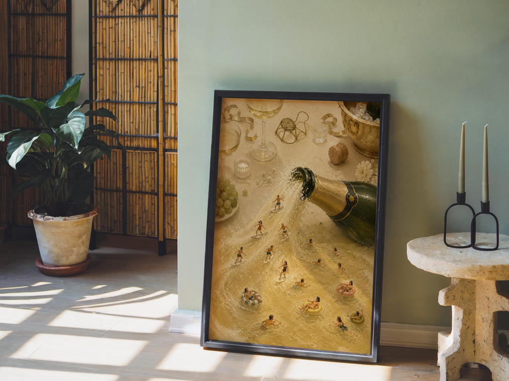 Black-framed champagne bottle print leaned against a green wall, plants and vintage charm, tiny people print