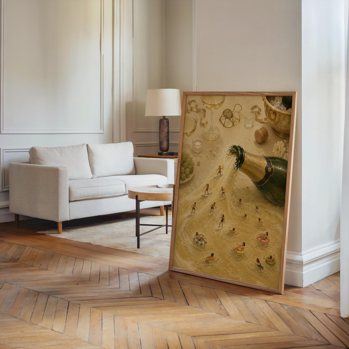 Leaning champagne bottle print in a bright living room, painterly champagne sea and tiny people