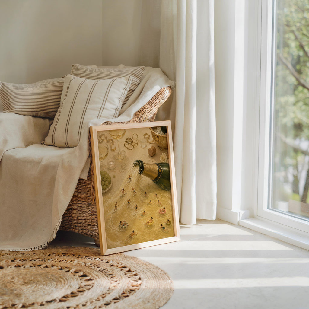 Cozy corner with champagne wall art leaning by a sofa, woven throw, pool party wall art vibe