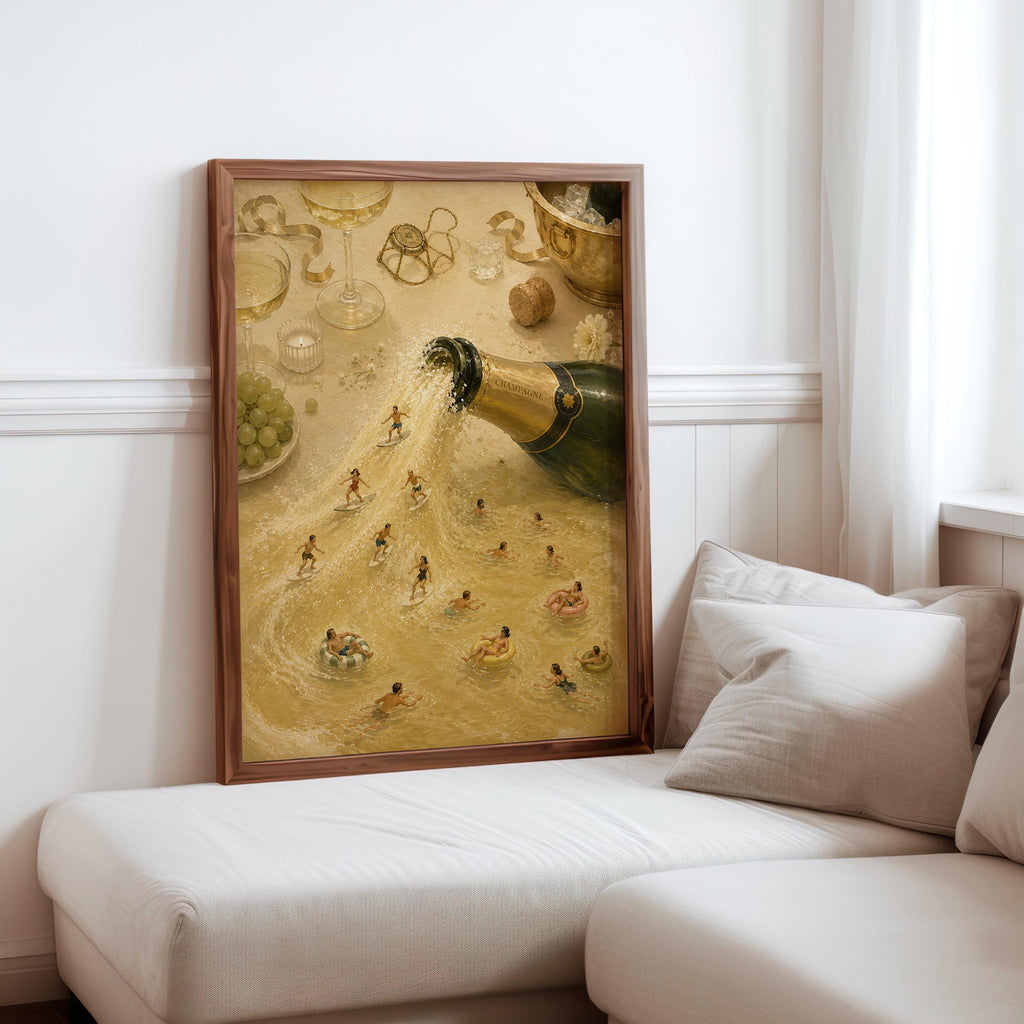 Soft sofa nook with framed champagne pool wall art above pillows, warm beige and gold palette