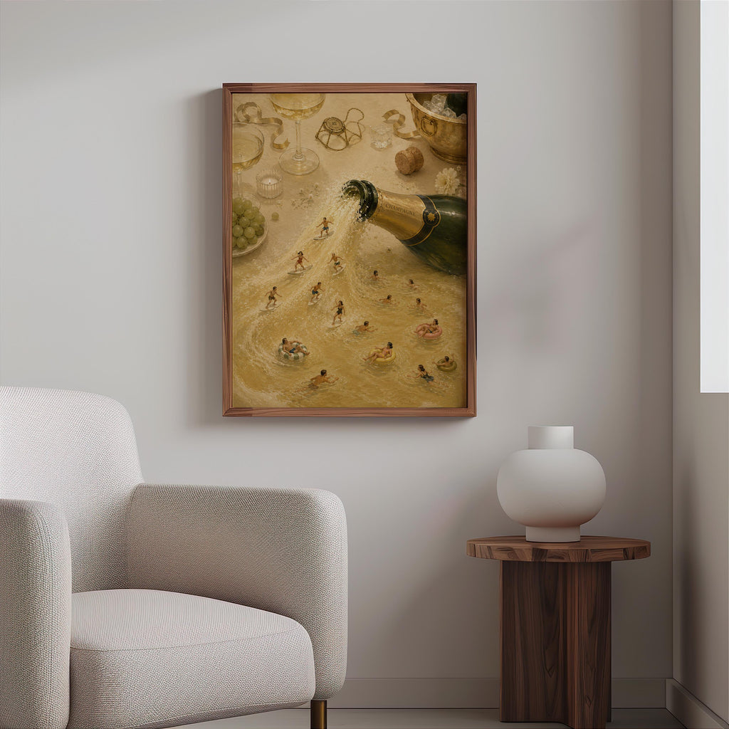 Minimal vignette with champagne wall art above a boucle chair, calm muted greens and golds