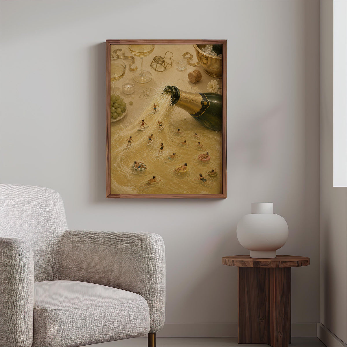 Minimal vignette with champagne wall art above a boucle chair, calm muted greens and golds