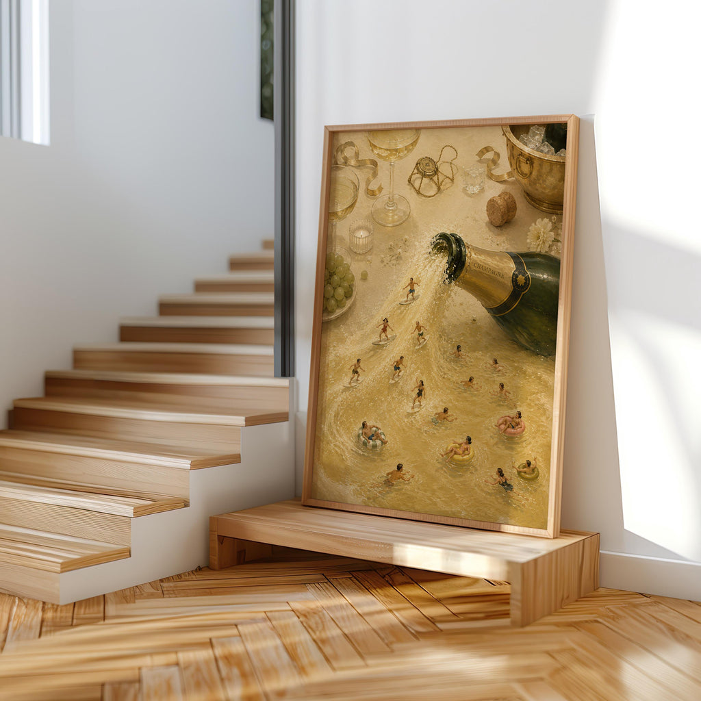 Tall champagne bottle print resting on stairs, golden sea and miniature swimmers, great champagne lover gift