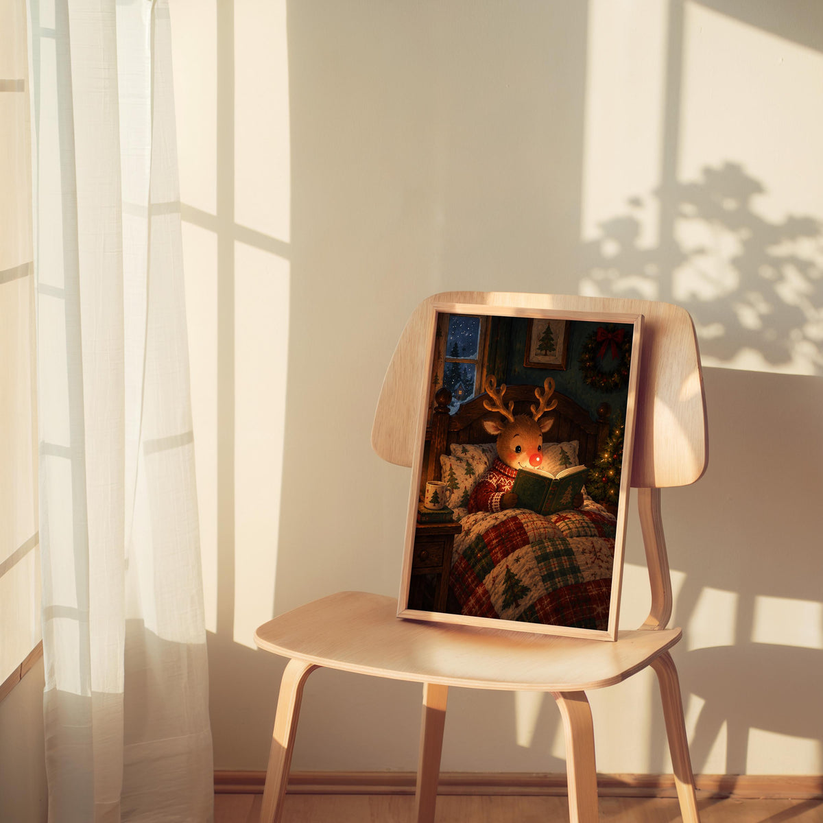 Rudolph Christmas wall art propped on a wooden chair, warm sunbeam highlighting vintage reindeer reading book scene