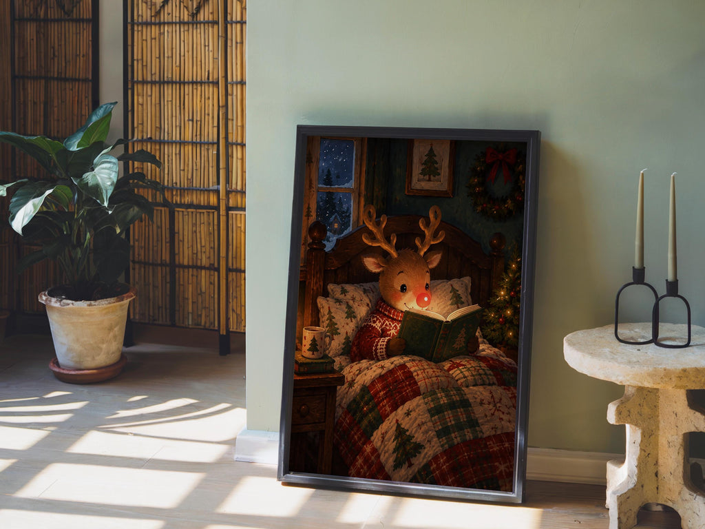 Rudolph Christmas wall art on the floor near a sunlit plant, cozy Christmas bedroom decor in vintage style
