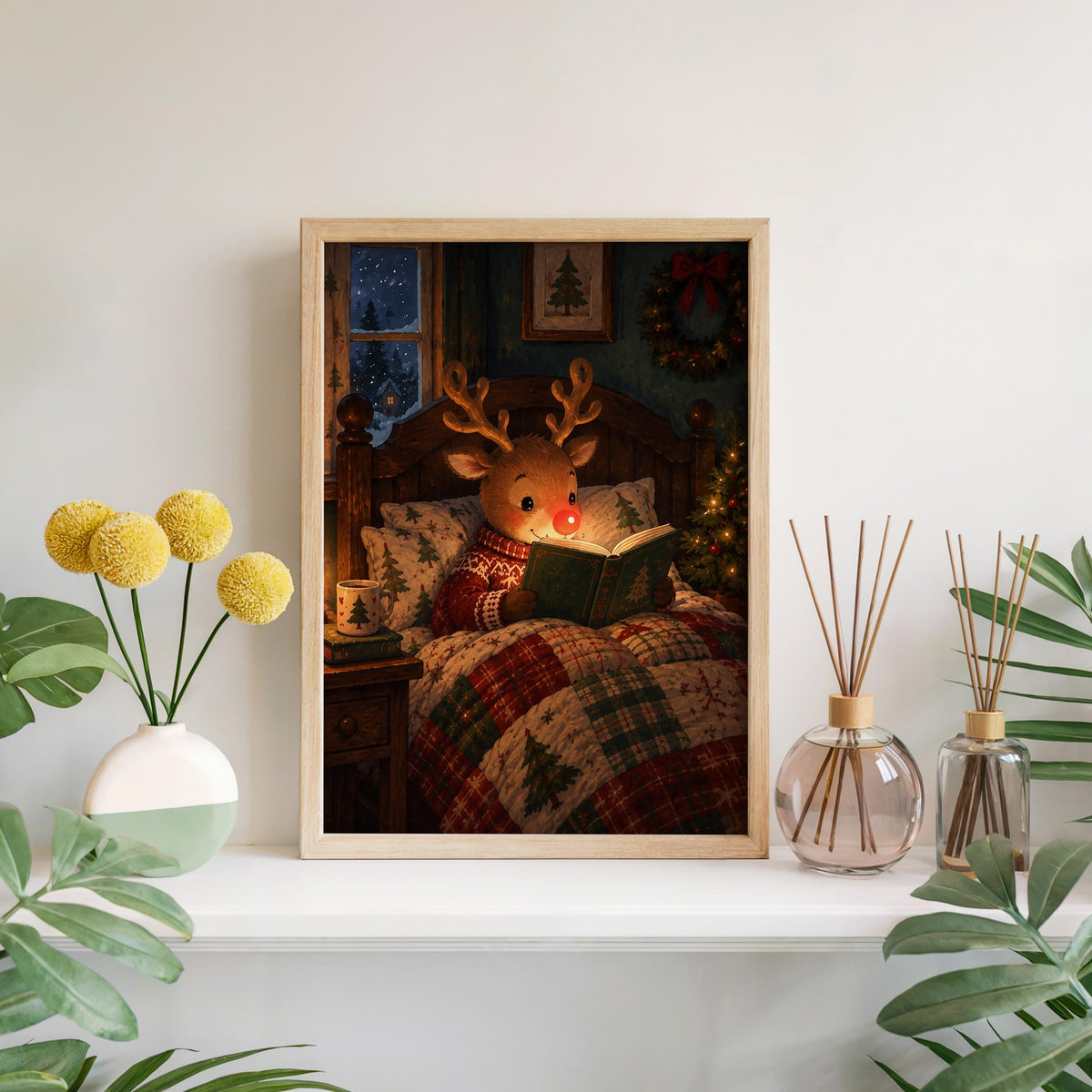 Two staged views of Rudolph Christmas wall art on a mantel, rustic Christmas wall art with plaid bedding and pine details