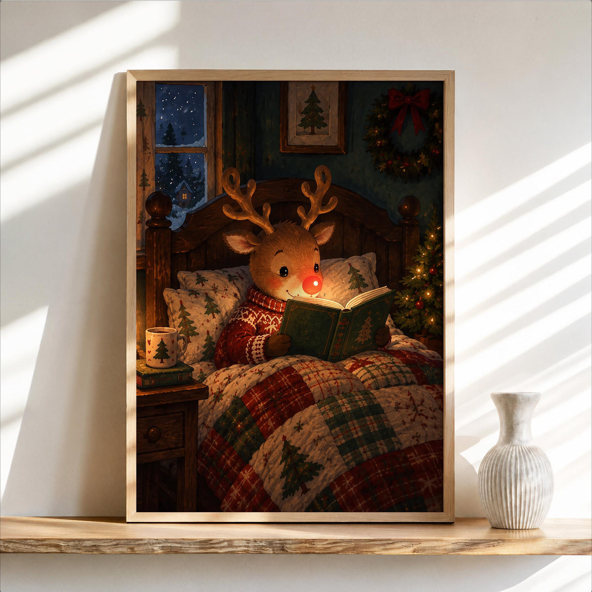 Framed Rudolph Christmas wall art leaning on a shelf, warm glowing light on reindeer reading book and plaid bedding