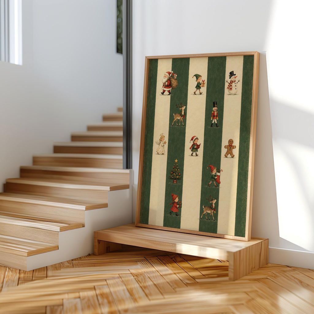 Retro Xmas Poster, Santa Claus Decor, Red Green Striped Pattern Print, Classic Christmas Holiday Wall Art, Gingerbread Nutcracker Reindeer