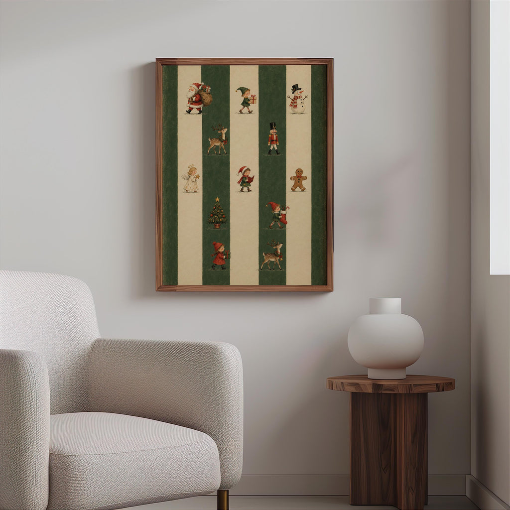 Retro Xmas Poster, Santa Claus Decor, Red Green Striped Pattern Print, Classic Christmas Holiday Wall Art, Gingerbread Nutcracker Reindeer