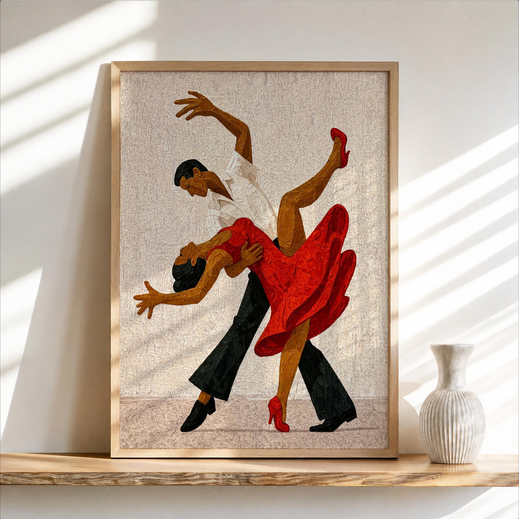 Cream tango couple wall art, romantic couple wall art with bold red dress, impasto texture and vintage fine art finish