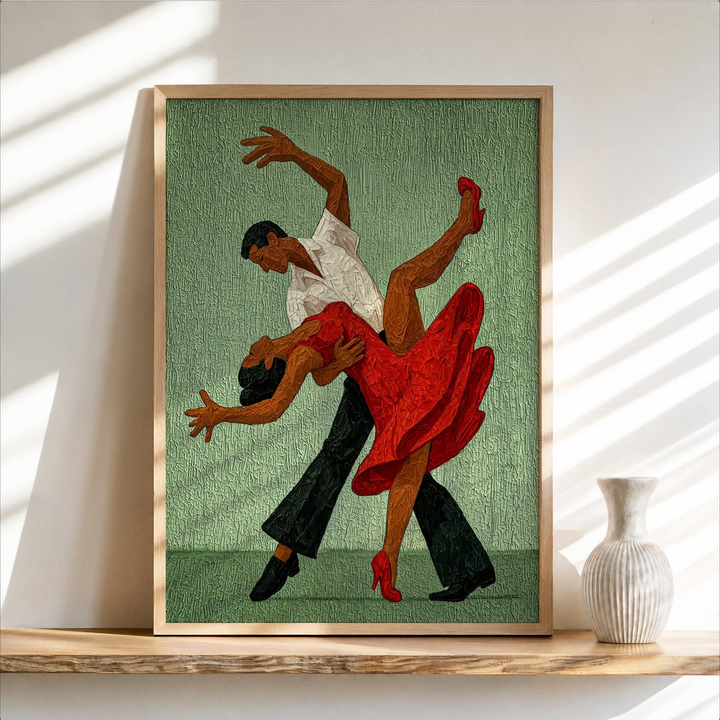 Sage green tango couple wall art, vintage-inspired textured painting of a dancing couple, framed leaning against wall