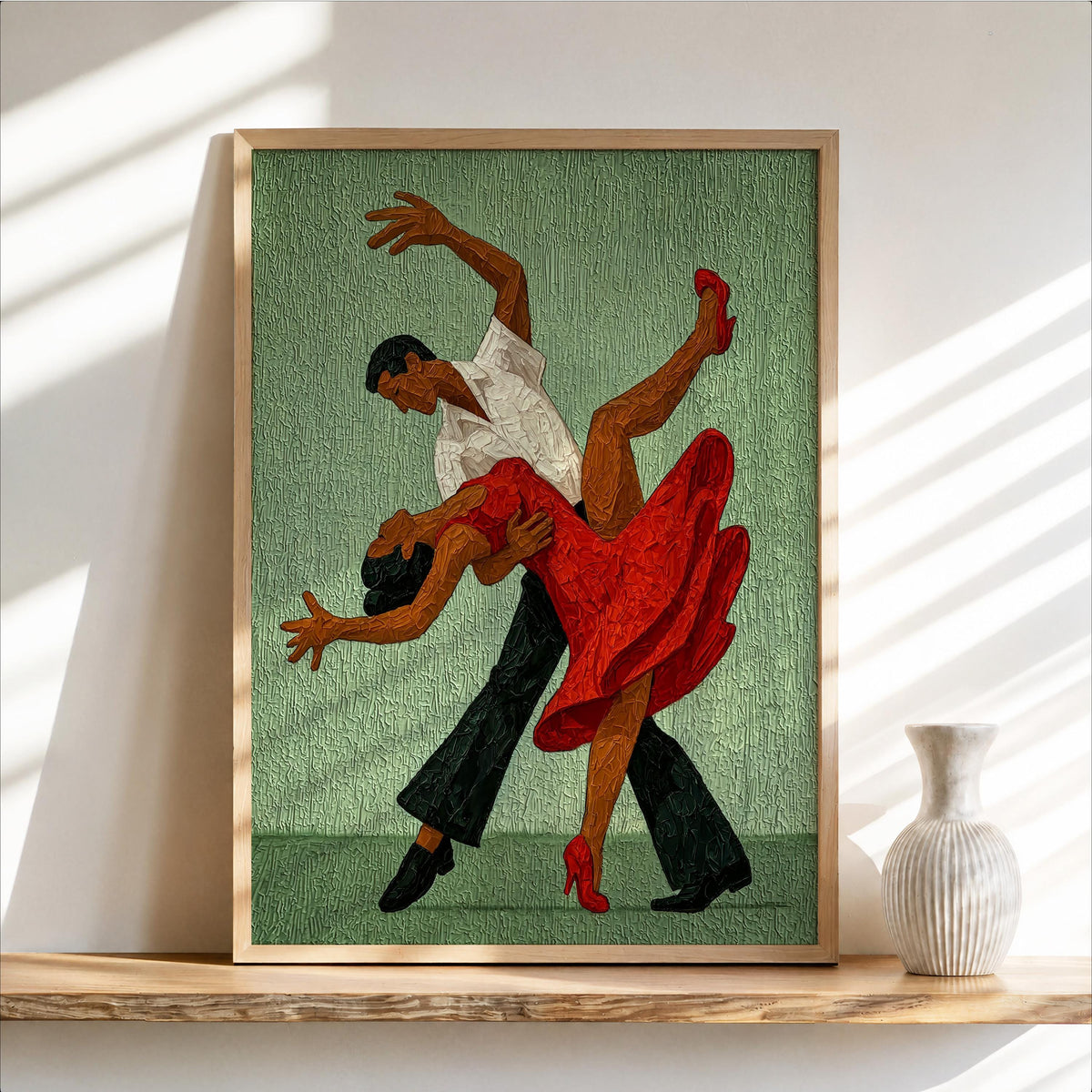 Sage green tango couple wall art, vintage-inspired textured painting of a dancing couple, framed leaning against wall