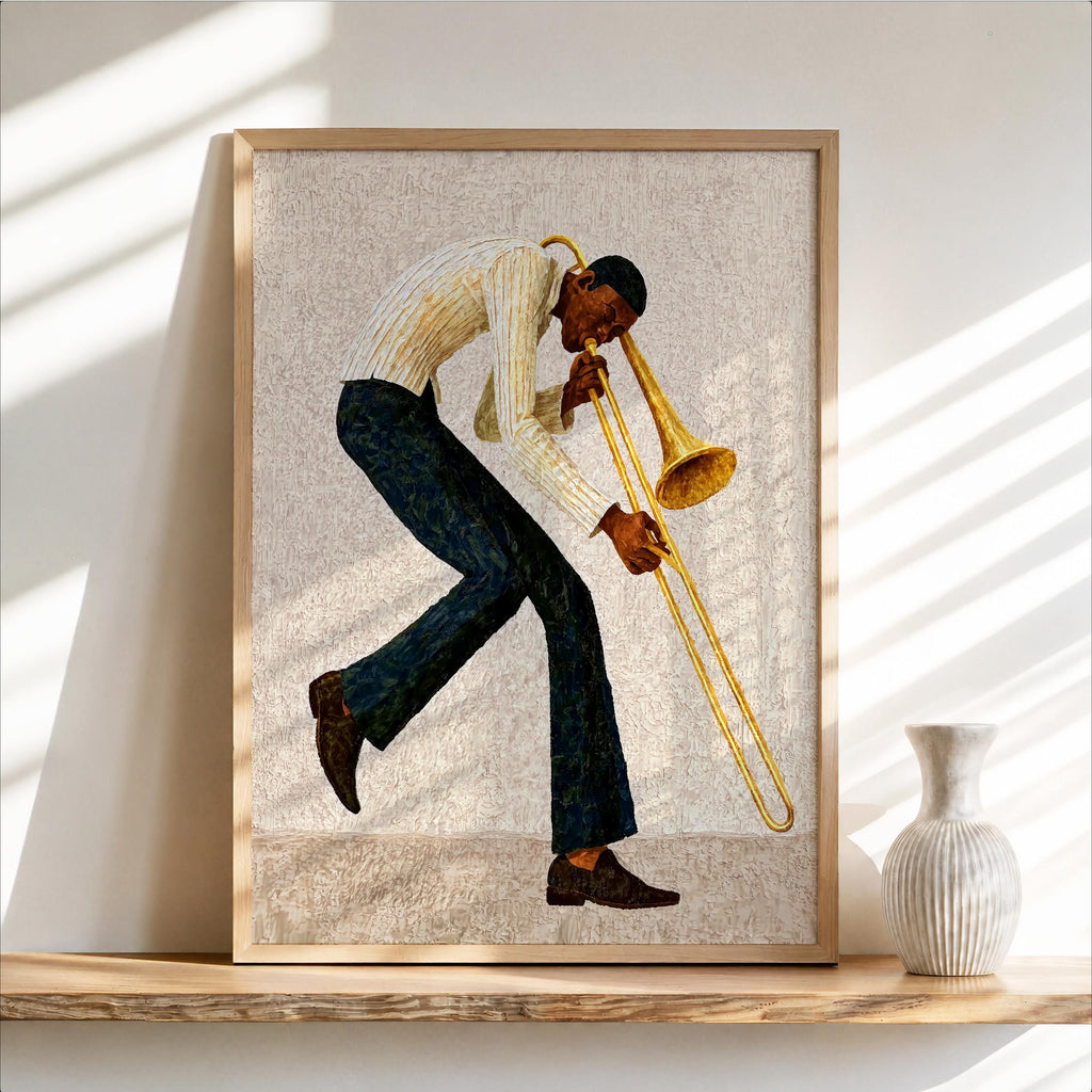 Trombone Player Wall Art, African American Jazz Musician Painting, Afrocentric Artistic Music Print Decor, Abstract Textured Band Gift