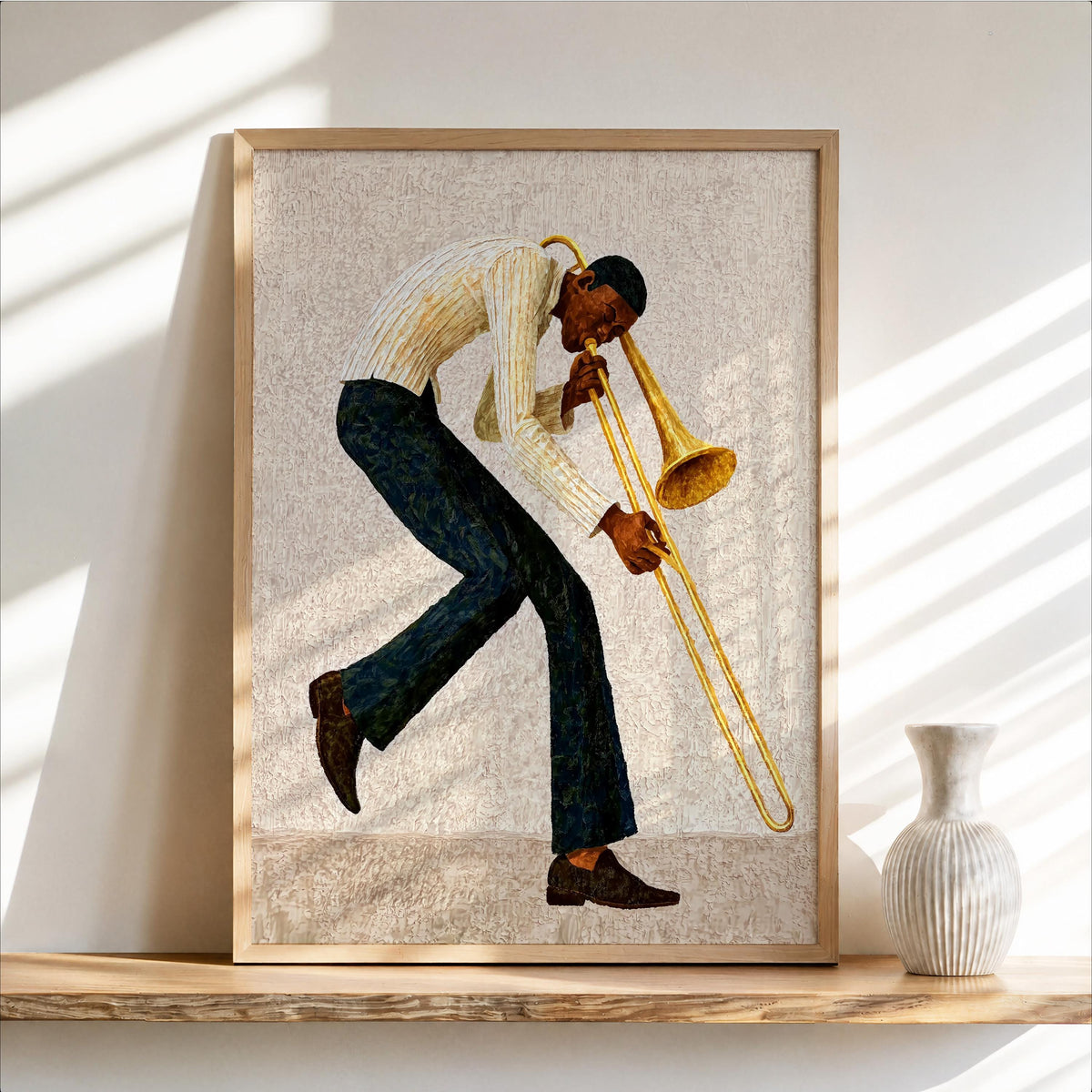 Trombone Player Wall Art, African American Jazz Musician Painting, Afrocentric Artistic Music Print Decor, Abstract Textured Band Gift