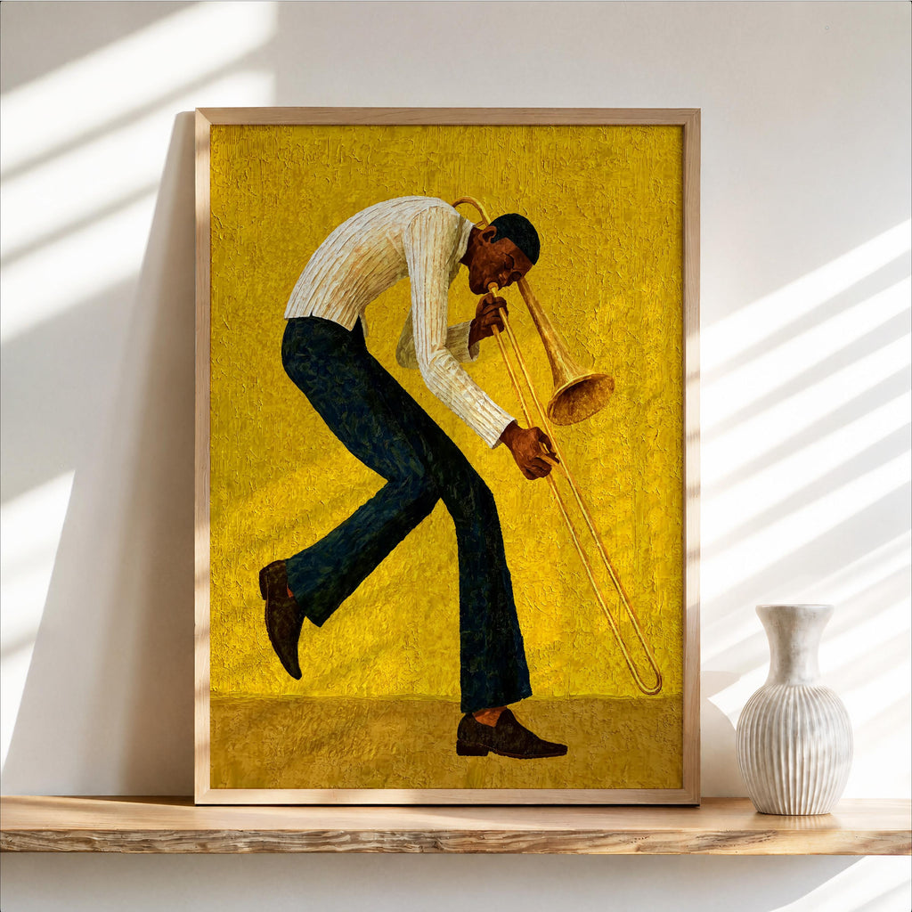 Trombone Player Wall Art, African American Jazz Musician Painting, Afrocentric Artistic Music Print Decor, Abstract Textured Band Gift