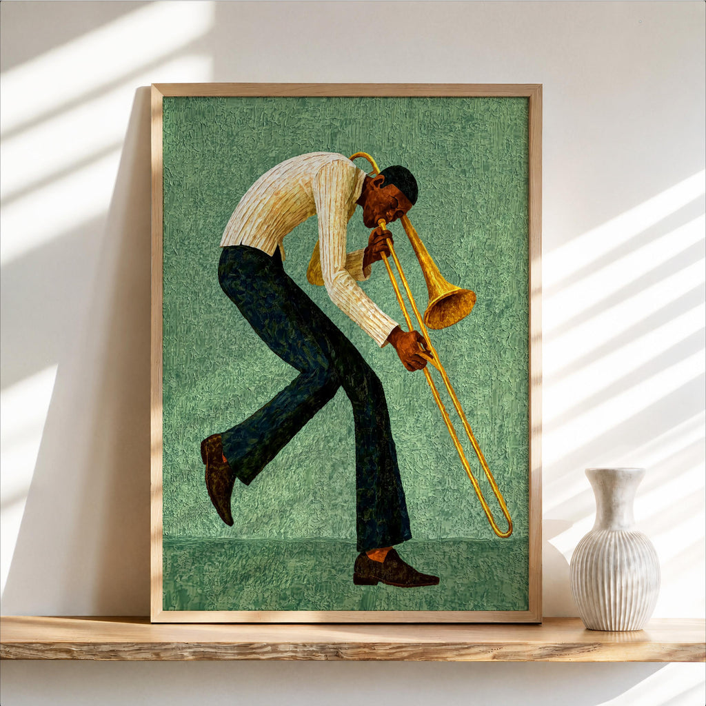 Trombone Player Wall Art, African American Jazz Musician Painting, Afrocentric Artistic Music Print Decor, Abstract Textured Band Gift