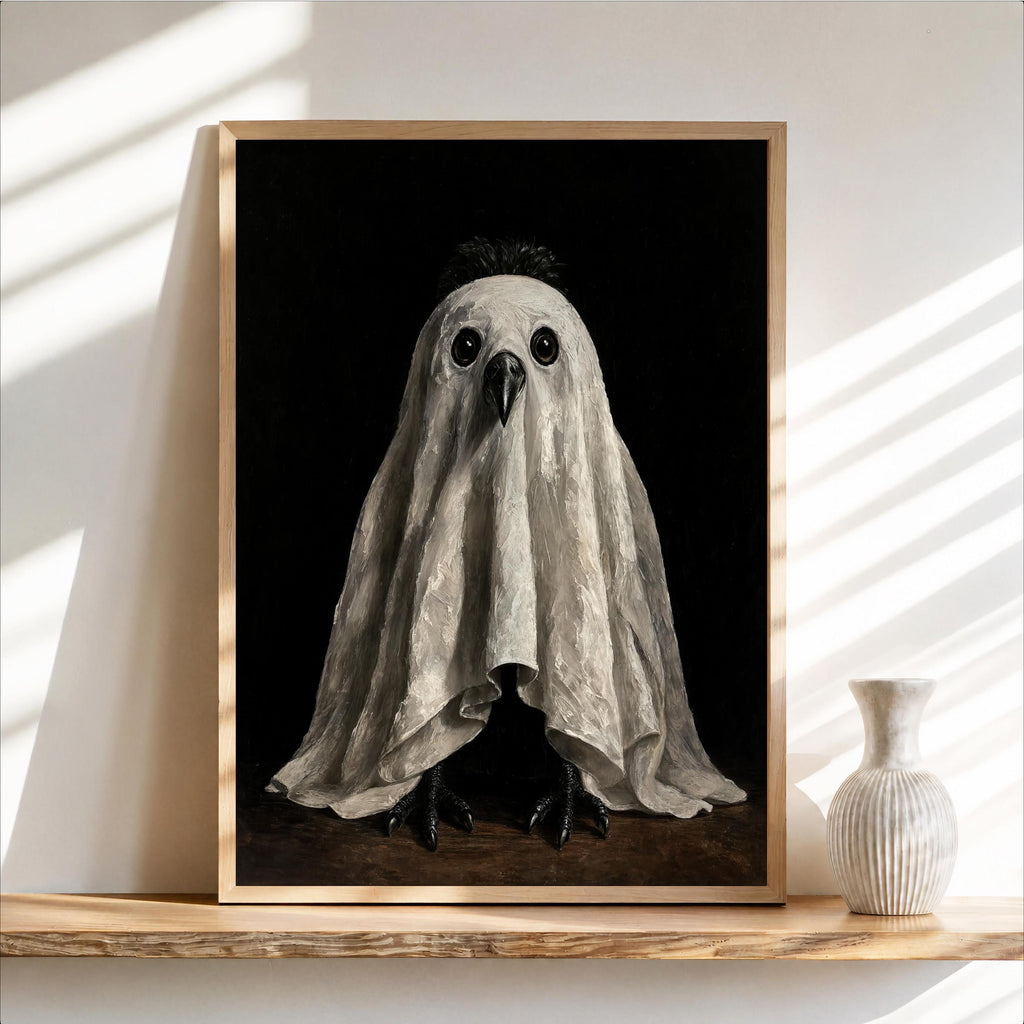 Ghost Crow Wall Art, Spooky Bird Painting, Gothic Halloween Decor, Moody Dark Academia Print, Autumn Witchy Season Gift
