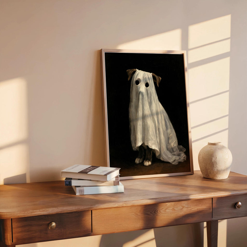 Ghost Dog Wall Art, Spooky Pet Painting, Gothic Halloween Decor, Moody Dark Academia Print, Witchy Funny Occult Painting