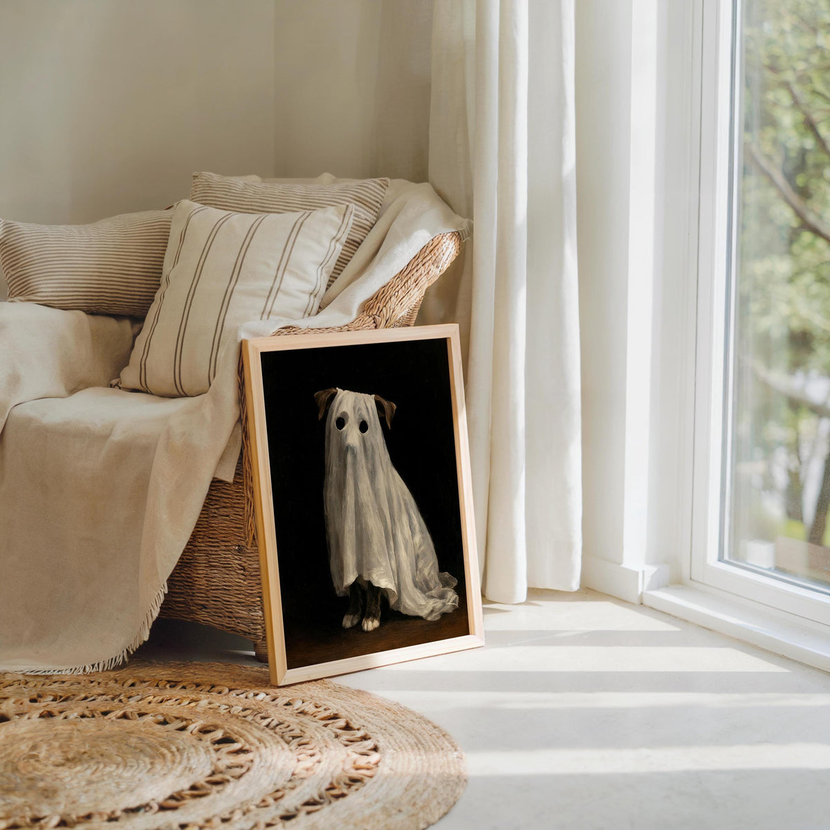 Ghost Dog Wall Art, Spooky Pet Painting, Gothic Halloween Decor, Moody Dark Academia Print, Witchy Funny Occult Painting