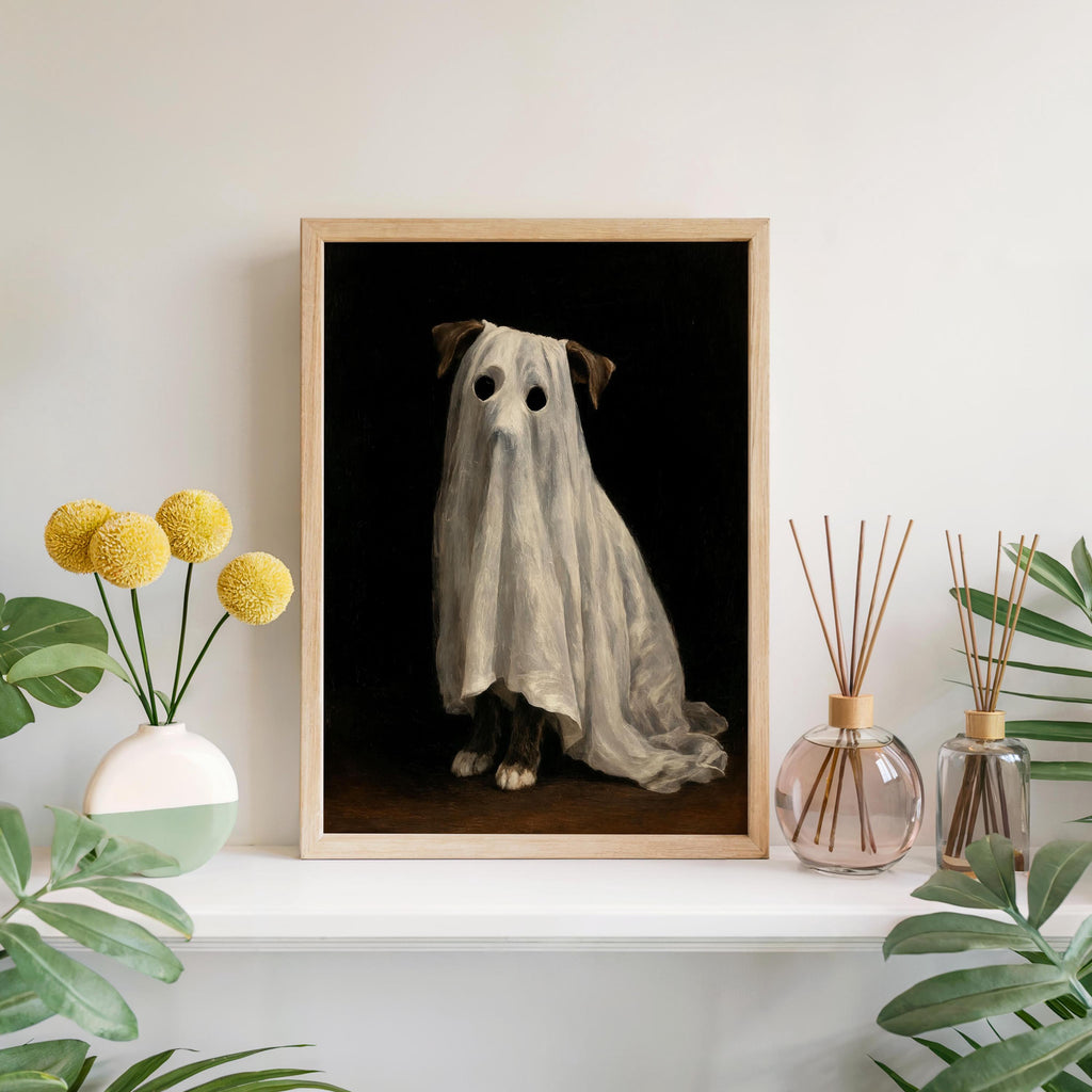 Ghost Dog Wall Art, Spooky Pet Painting, Gothic Halloween Decor, Moody Dark Academia Print, Witchy Funny Occult Painting