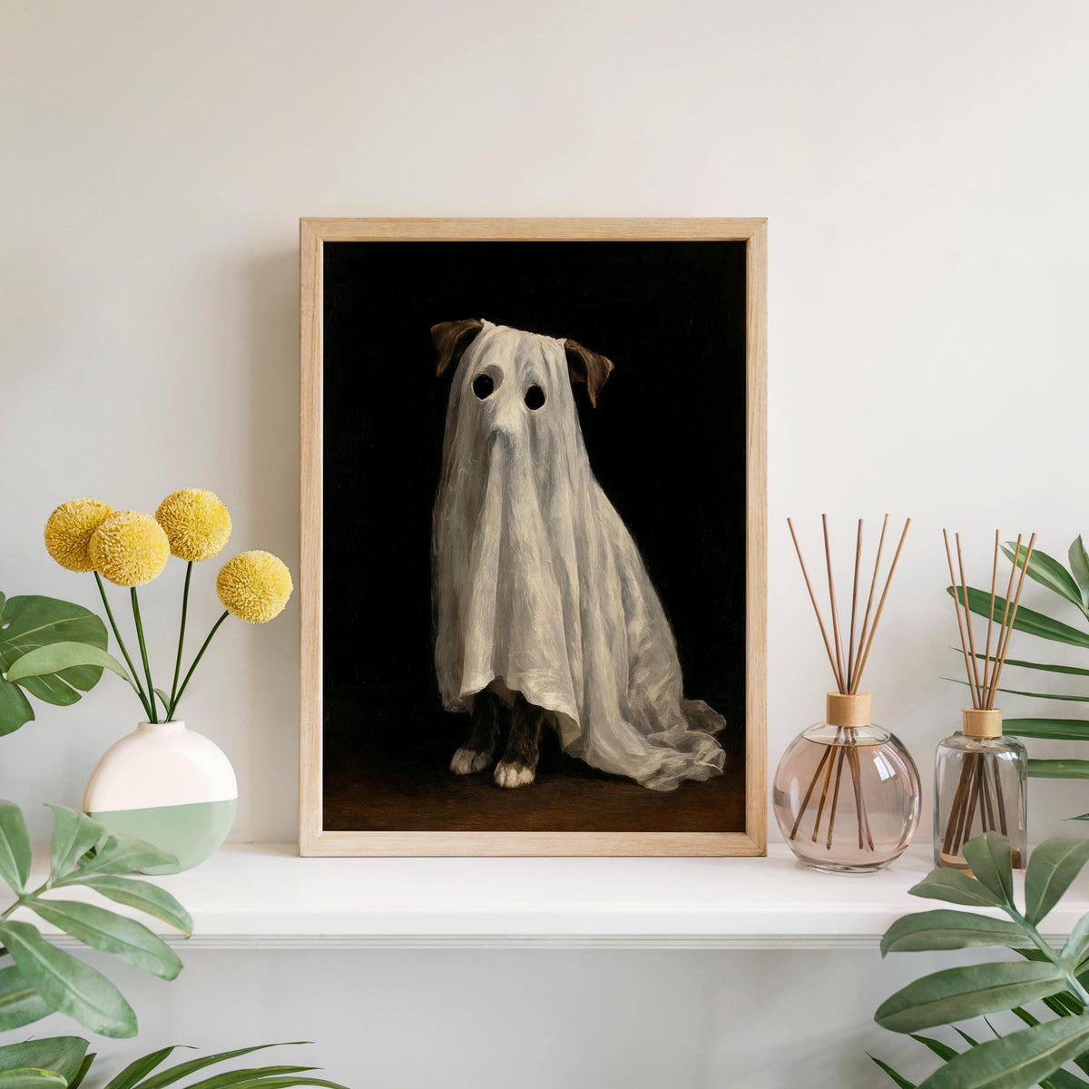 Ghost Dog Wall Art, Spooky Pet Painting, Gothic Halloween Decor, Moody Dark Academia Print, Witchy Funny Occult Painting