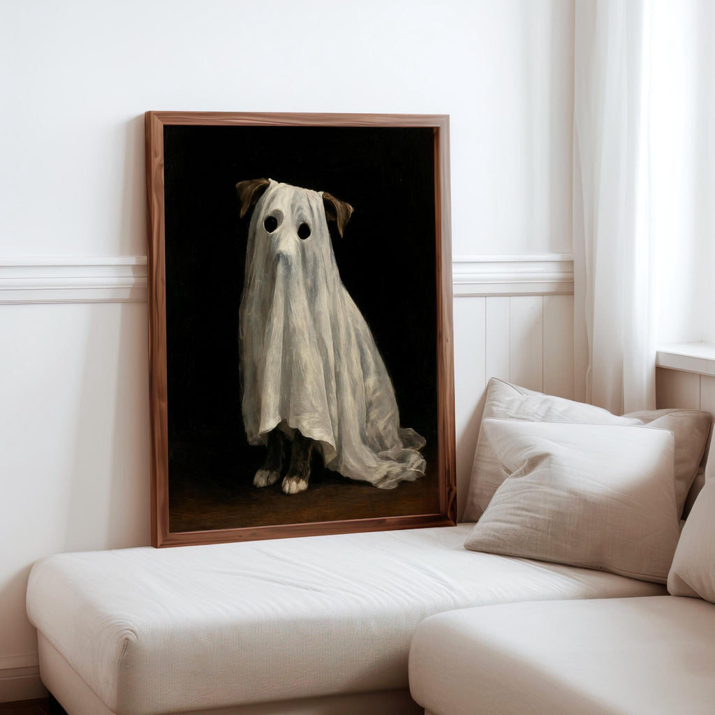 Ghost Dog Wall Art, Spooky Pet Painting, Gothic Halloween Decor, Moody Dark Academia Print, Witchy Funny Occult Painting